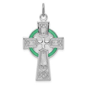 925 Sterling Silver Rhodium-plated with Green Epoxy Enamel Irish Celtic Pendant